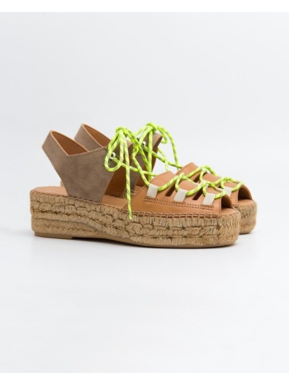 Nagüisa Cima Lace-Up Espadrille Shoes 40 Neon Green/Brown Leather & Suede Handma